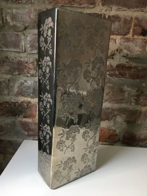 Ceramic, Silver, floral imprinted vase