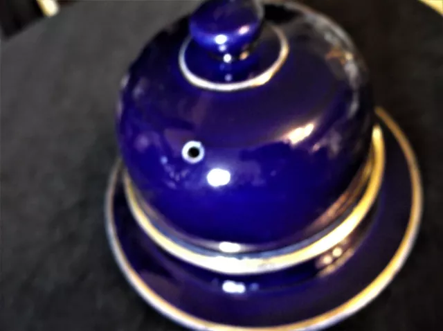 Unusual Small Size Deep Cobalt Blue Gilded Pottery Cheese Platter & Dome 3