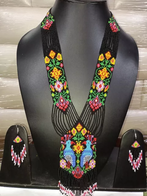 Native Seed Bead Beaded Turquoise Handcrafted Choker Necklace Earrings Set Birds