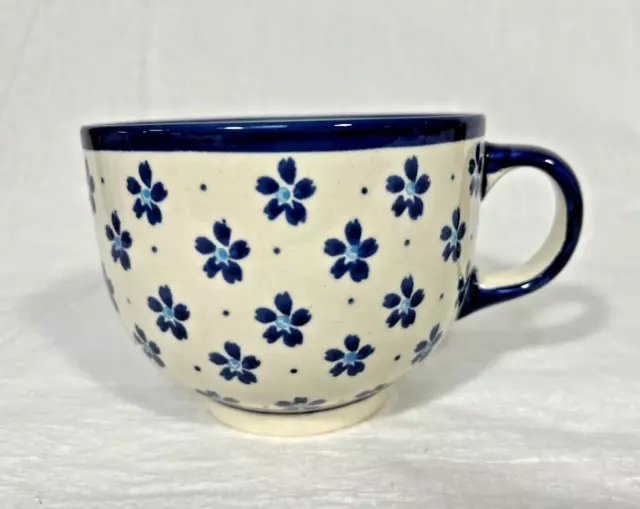 Boleslawiec Cream w/ Blue Florals Hand Made Polish Pottery Coffee Mug Soup