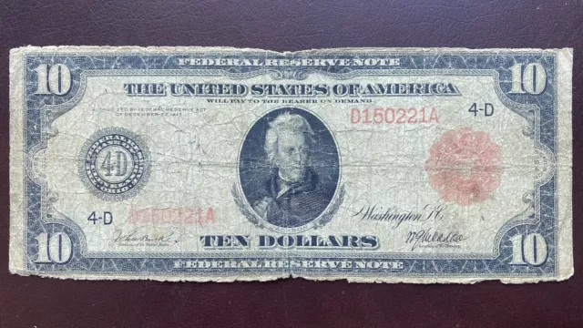 1914 Ten Dollar Federal Reserve Note Large Size Note Bill $10 RED SEAL #56358