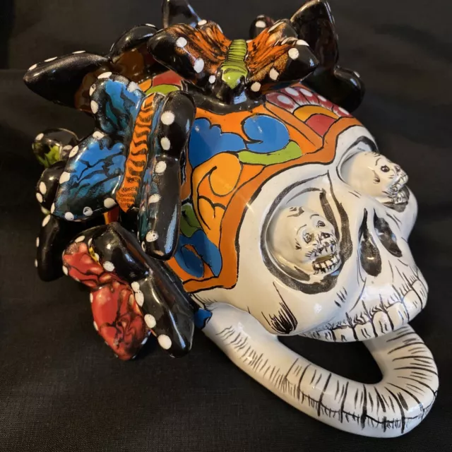 Sugar Skull, Butterflies, Day of the Dead Talavera Mexican Folk Art Signed