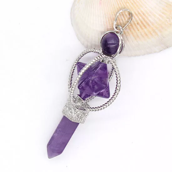 Natural Amethyst Quartz Crystal Chakra Pendulum Merkaba Reiki Healing Pendant