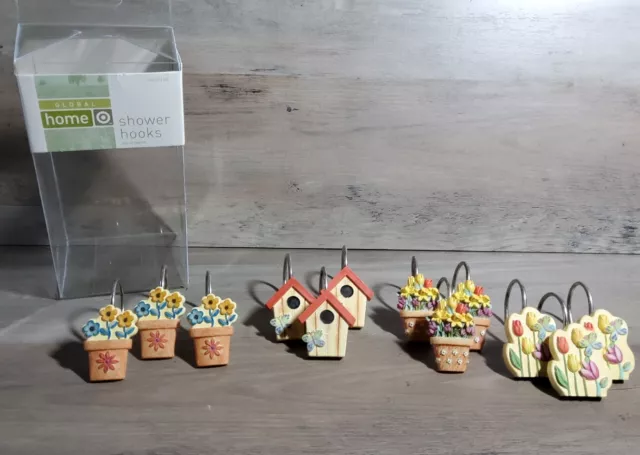 Home Fashions Decorative Shower Curtain Hooks 12pc Resin Flowers Birdhouse