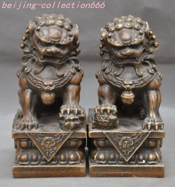 8" Chinese bronze wealth animal Lion Foo dog Exorcism feng shui Statue Pair