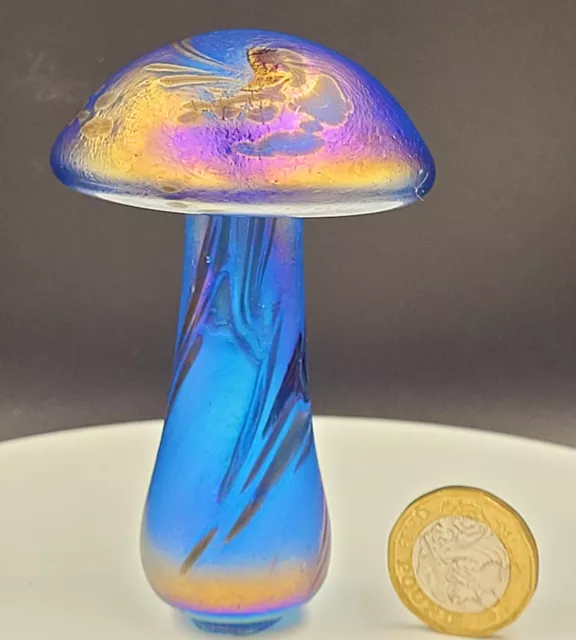 Neo Art Glass handmade rainbow iridescent blue mushroom ornament display glass