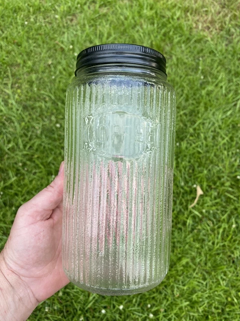 ANTIQUE VINTAGE TALL RIBBED 1930s DEPRESSION HOOSIER CABINET EMBOSSED COFFEE JAR