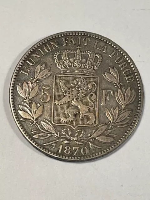 Monnaie Belgique 5 Francs Leopold II 1870 Argent (168-31)