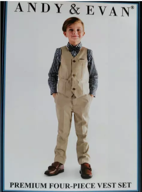 Andy & Evan Boys 4 Pc Set Pants/Vest/Shirt/Bow Formal Wear(Tan/Navy/White 2T)Nwt