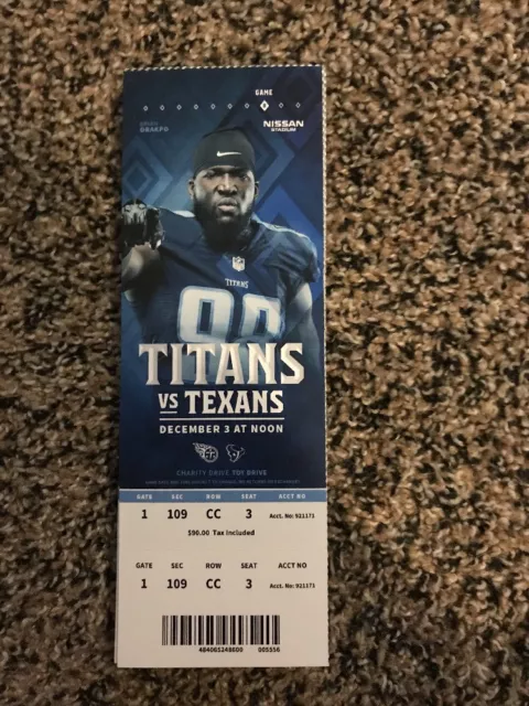 2017 Tennessee Titans Vs Houston Texans Nfl Ticket Stub 12/3