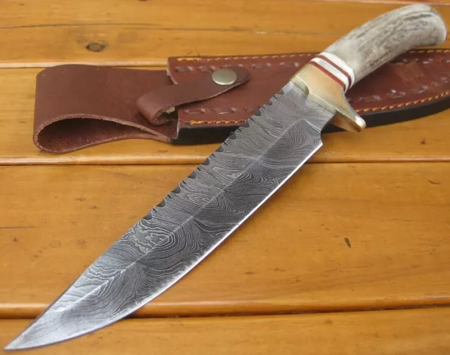 CUSTOM MADE DAMASCUS - LARGE - BOWIE Bush Hunting Knife – STAG HORN DEER - HAND