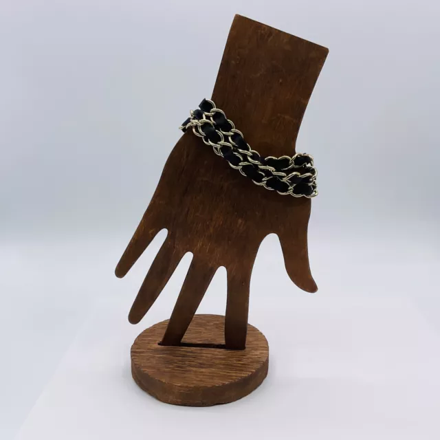 Bracelet Chain Link Woven Black Ribbon Gold Tone Punk Rock Heavy Metal Jewelry