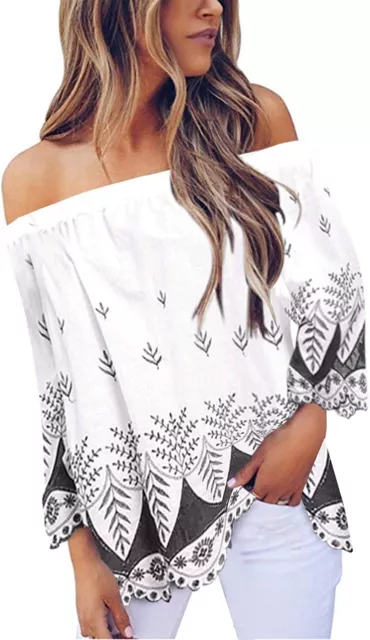 Womens Blouse White Off The Shoulder Bell Sleeve Tops Ruffle Floral Loose S