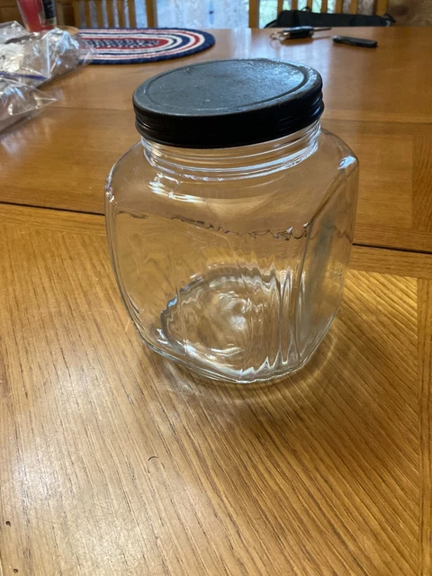 Vintage Cabinet Hoosier Glass Black Lid Ribbed Jar Canister Half Gallon
