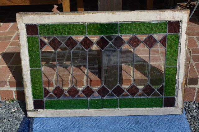 OLD English Large Framed STAINED GLASS Window Green Border / Purple Diamonds VA