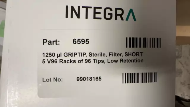 Integra 6595 GripTip sterile tips 1250 ul 5 Racks of 96 Tips