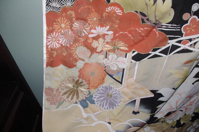 Classic! Antique Vintage Japanese Kimono Kuro furisode hikizuri Taisho Showa 16