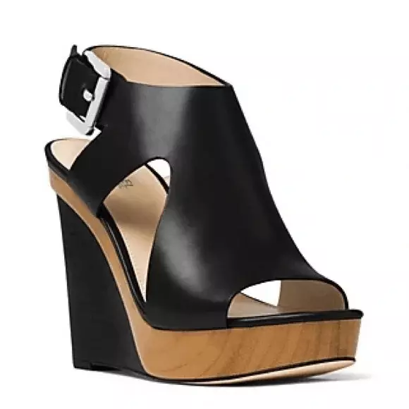 MICHAEL Michael Kors Josephine Black Leather Platform Peep Toe Wedge Sandal Size