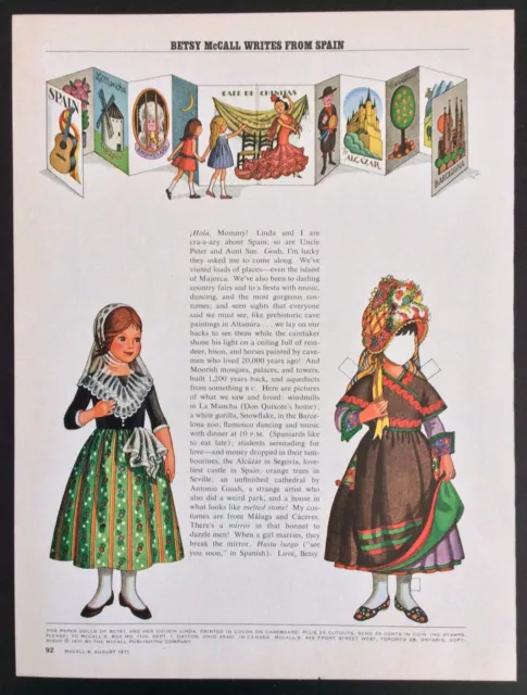 Betsy McCall Mag. Paper Doll, Betsy McCall Writes from Spain, Aug. 1971, VTG