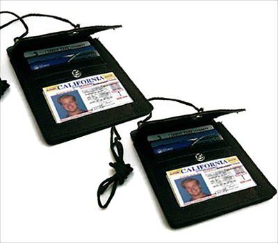 2 Black Passport Genuine Leather ID Holder Neck Strap Cross Body Bag Unisex