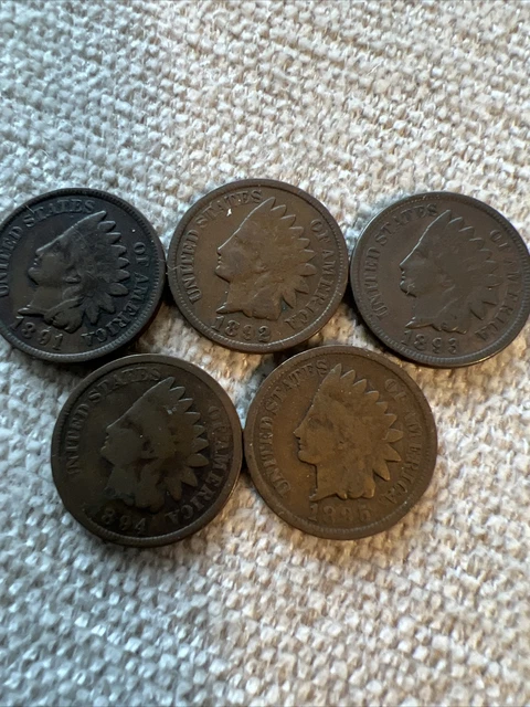 Indian Head cent penny 1891, 1892, 1893, 1894, 1895 Lot Of 5