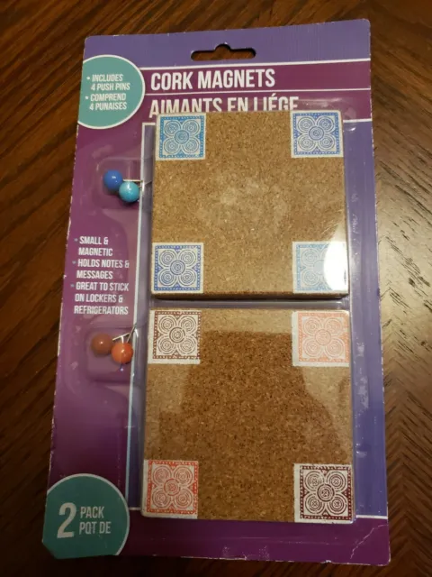 Note Holder Cork Magnet Includes 4 Push Pins Holds Notes & Messages 2 pack NIP