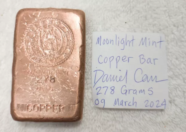 ¡RARO! "Prototipo ""Dan Carr"" 278 G barra de cobre." "Moonlight Mint"" certificado de autenticidad y video."