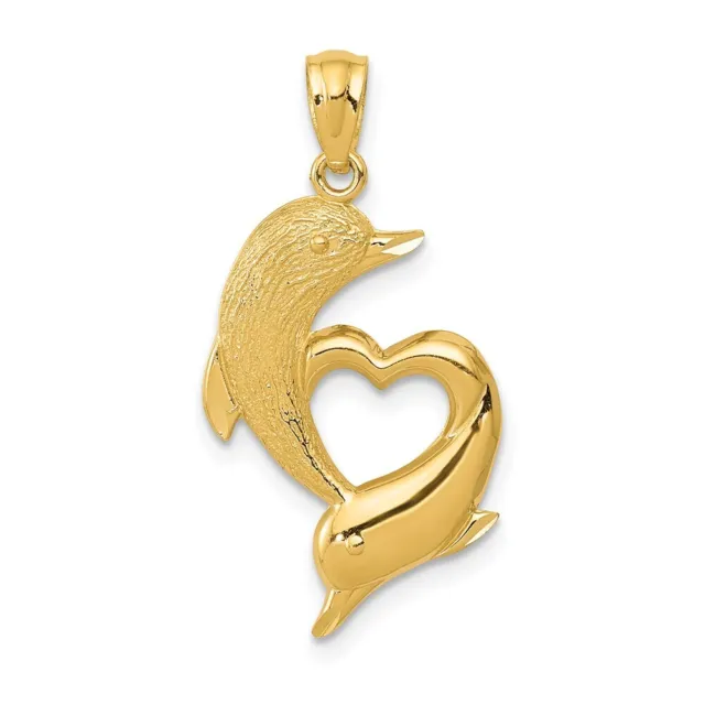 14k Gelbgold Meer Delfin Ozean Fisch Strand Nautisches Herz Halskette Anhänger