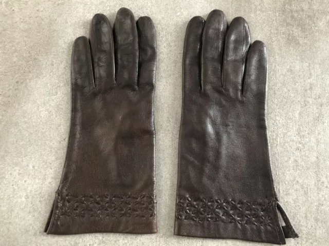 Damen Handschuhe braun weiches Leder Gr. 7 1/2 Vintage Verzierung