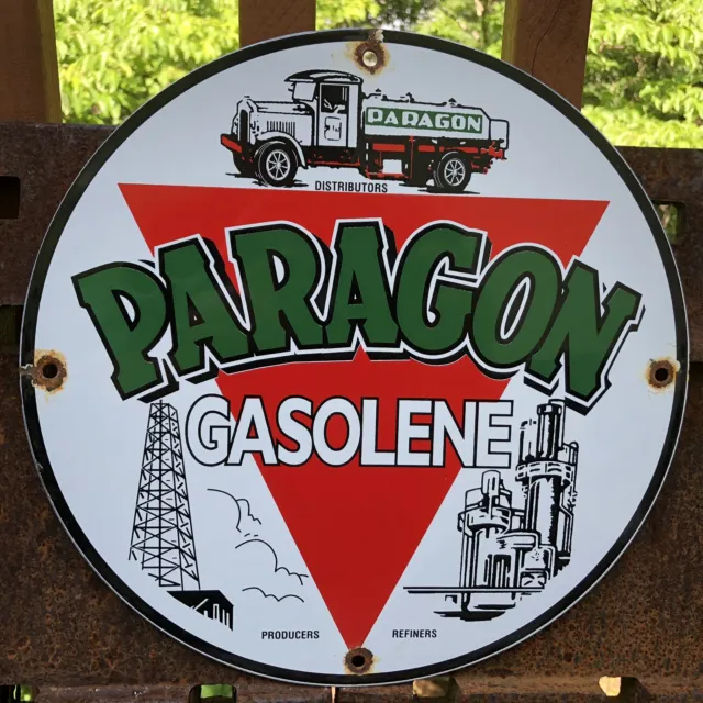 Vintage Paragon Gasolene 11.75” Porcelain Enamel Gas Pump Station Sign Gasoline