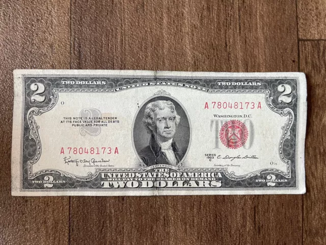 RARE United States Note $2 Two Dollar Bill Series 1953C Red Seal