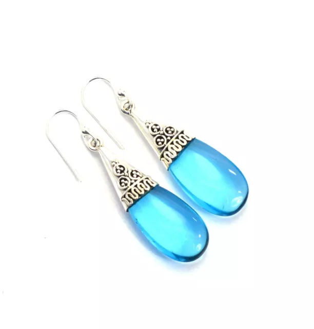 925 SOLID STERLING SILVER LONDON BLUE QUARTZ DROP HOOK EARRING -1.7 INCH r216