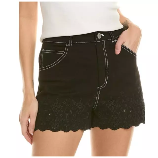 NWT Staud Noemie Embroidered Scallop Non-stretch Denim Shorts in Black Size 4