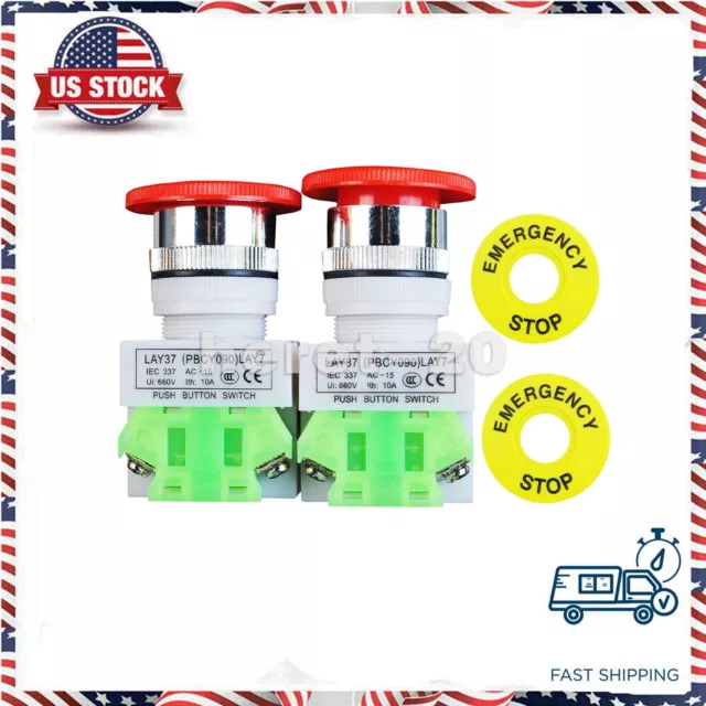 2PCS 660V Self Locking CNC Mushroom Cap Emergency Stop Push Button Switch NO/NC