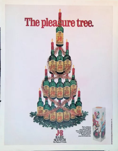 Vintage Print Ad Christmas 1970's Tree Decorated J&B Scotch Bottles Dickens