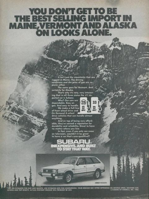 1981 Subaru 4WD Wagon Popular Maine Vermont Alaska Mountains Vtg Print Ad SI5