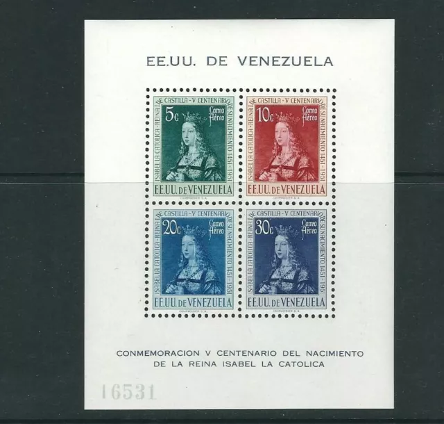 VENEZUELA 1951 QUEEN ISABELLA souvenir sheet (Scott C333a) VF MNH
