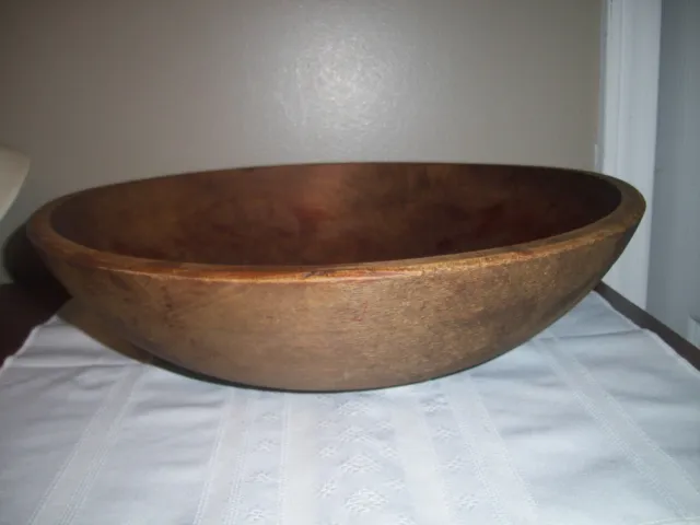 Vintage LARGE 14" D Hand Carved Wood Bowl, Farmhouse Primitive Rustic Dough Bowl