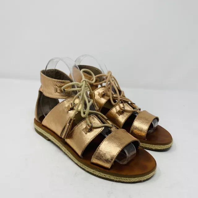 Lucky Brand Sz 6.5 Dristel Lace Up Leather Gladiator Sandals Rose Gold Metallic