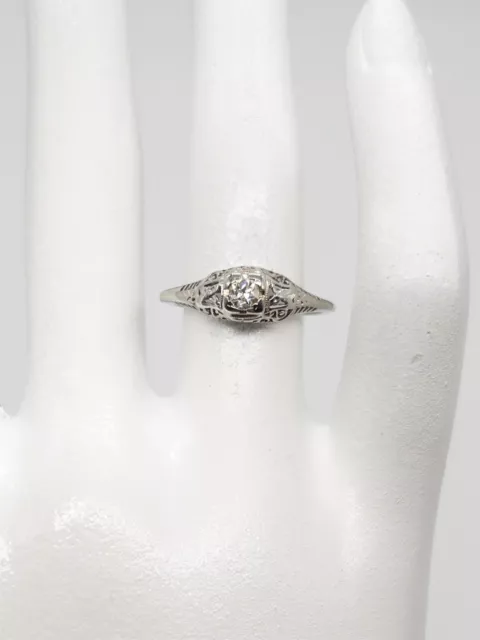 Antique 1920s $2000 .40ct Old Mine Cut Diamond 18k White Gold Filigree Ring