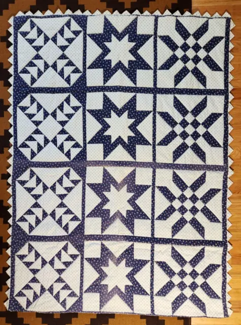 Hand Pieced & Stitched Amish Calico Baby Quilt 42" X 58", Blue Pattern Patchwork