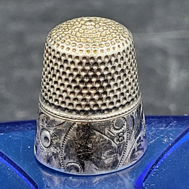 Antique c1880's Waite & Thresher Sterling Folk Art Flowers Size 8 Thimble "LJL"