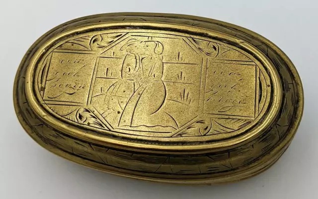 18Th Century Dutch Brass Engraved Oval Tobacco Box
