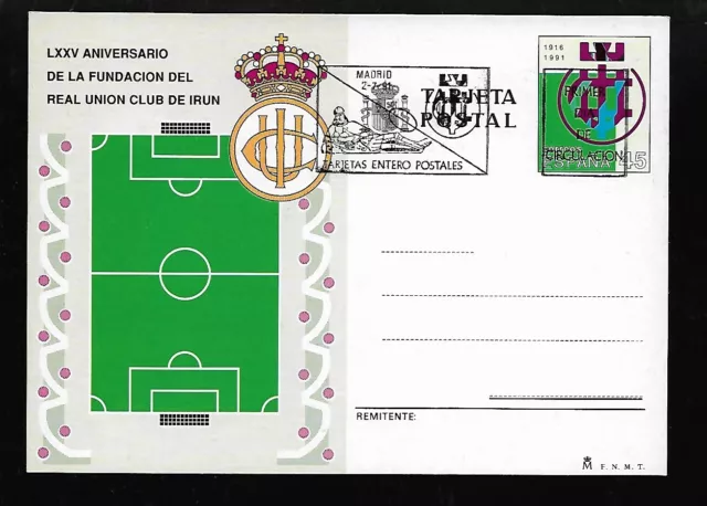 Spain 1991 Tarjeta Entero Postal 153 En Primer Día Real Union Club De Irun