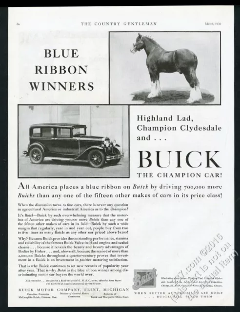 1930 Champion Clydesdale Cavallo Foto Highland Lad Buick Auto Vintage Stampa Ad