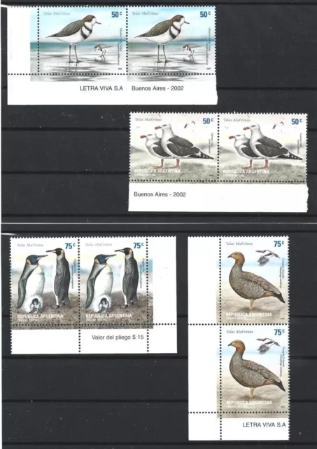 Argentina Stamps 2002 Malvinas Falkland Islands Birds Complete Set in Pairs MNH