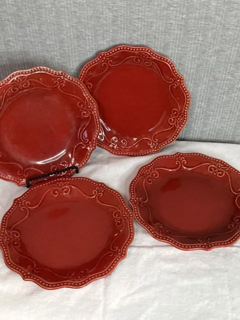 Set of 4 Pioneer Woman Salad Dessert Plates Red 8" Lace Bead Edge Scallop Rim