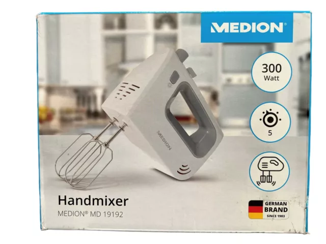 Medion Handmixer weiß 300W, 5 Stufen mit Knethaken + Rührbesen, Handrührgerät
