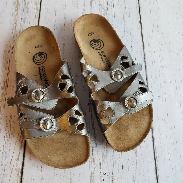 EUROWELLNESS BALANCE Gray Metallic Leather 2-Strap Bling Sandal Slide Sz 6.5-7