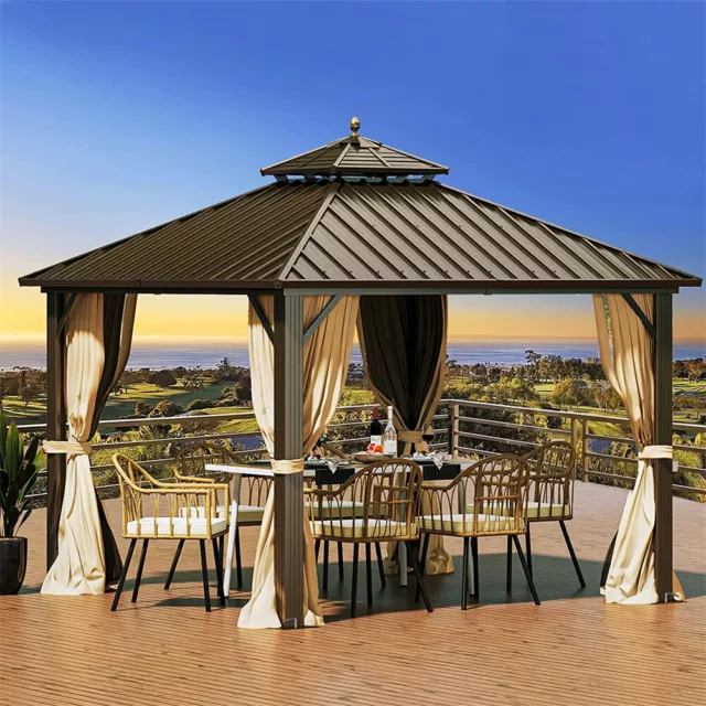 10' x 10' Hardtop Gazebo Outdoor Aluminum Double Canopy Gazebo Curtains Nettings